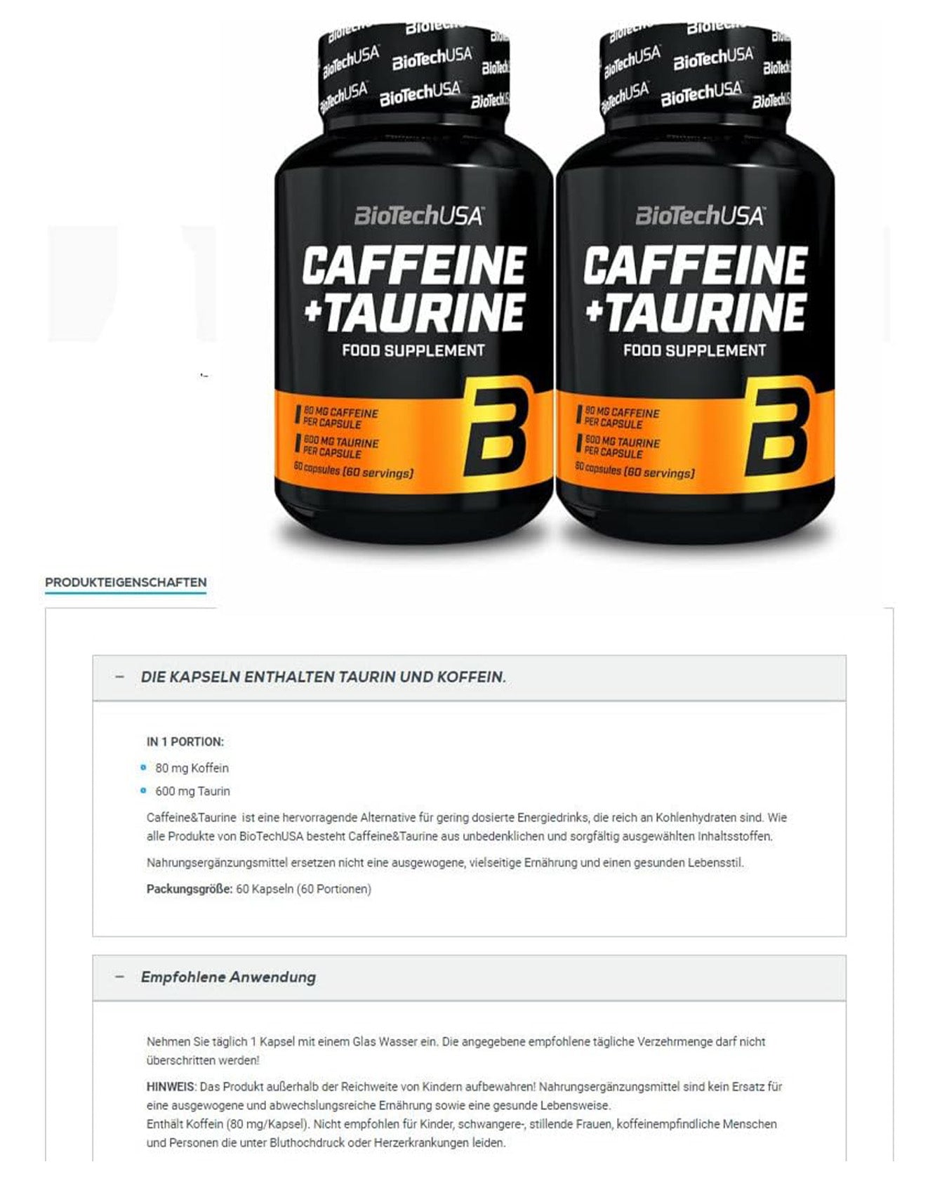 BioTech USA Caffeine + Taurine, 60 Kapseln